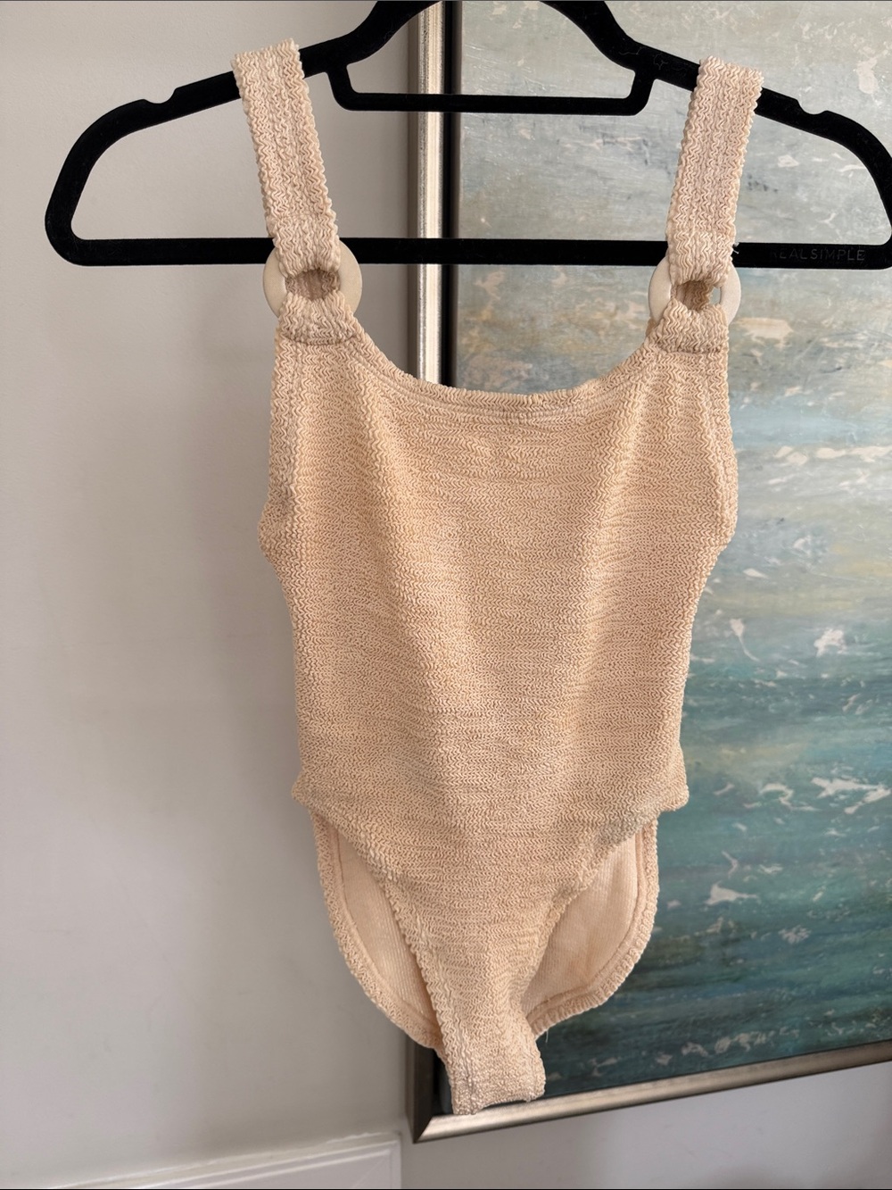 Hunza G Cream Textured One-Piece Swimsuit with Ring Straps